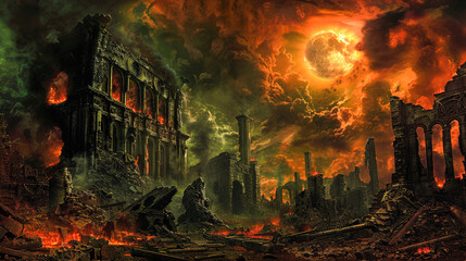 A deserted cityscape with smoldering ruins, the silence of desolation speaking volumes - obrazy, fototapety, plakaty