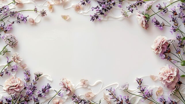 3D illustration, lavender flowers and sprigs, creating a border on a plain background.