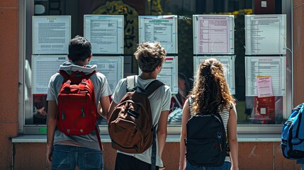Students searching the bulletin board for final exam grades.