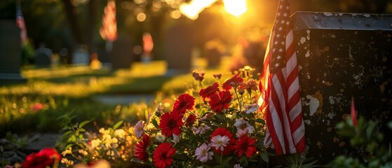 Patriotic Tribute at Sunset: Flag & Flowers Honor Veterans. Concept Patriotic Tribute, Sunset Photoshoot, Flag and Flowers, Honor Veterans, Outdoor Setting - obrazy, fototapety, plakaty