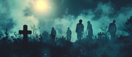 Silhouetted Zombies in Misty Graveyard Under Eerie Moonlight. Concept Horror Photoshoot, Silhouette Photography, Graveyard Setting, Zombie Models, Moonlight Atmosphere