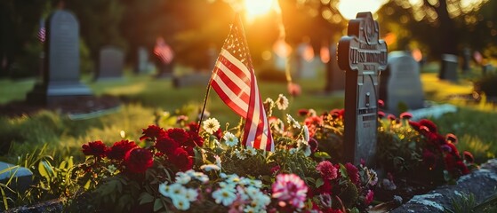 Eternal Honor: Flag and Florals at Sunset Rest. Concept Flag Representation, Floral Arrangement, Sunset Silhouette, Memorial Tribute, Honor and Respect - obrazy, fototapety, plakaty