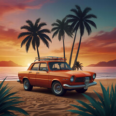 Sunset or sunrise in the ocean, natural landscape background, beautiful clouds flying in the sky towards the shining sun over the sea with rocks, mountains sticking out above the water surface. Evenin