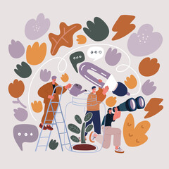 Cartoon vector illustration of adult business Team Work partnership harmony Cupping young Plant and seeding Nurture grow Environmental and reduce global warming help earth. Ecology agriculture Concept