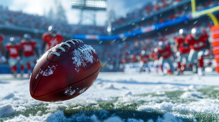 Fototapeta premium A football dusted with snow lies in focus with blurred players and stadium in the background