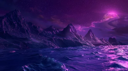 Fototapeten The landscape of a landscape with water and rocky mountains under a violet night sky, a fantasy wallpaper with a view of the seascape. © Mark