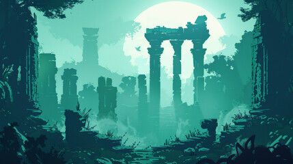 An atmospheric depiction of forgotten ancient ruins shrouded in mystique, set against a silhouetted forest under a full moon