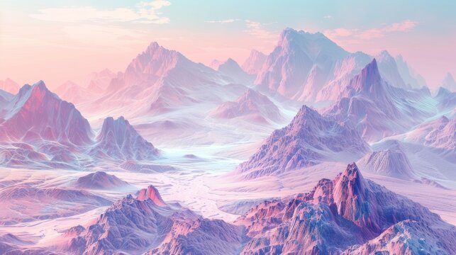 An abstract panorama of rocky mountains and a landscape in 3D. Wallpaper with a fantasy landscape and rocky mountains in 3D