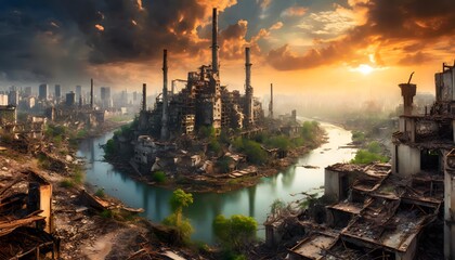 Post-apocalyptic cityscape with crumbling buildings and a river at sunset. - obrazy, fototapety, plakaty
