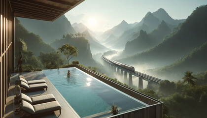  A tranquil scene of a luxury infinity pool overlooking a vast mountainous landscape. The pool is at the edge of a high terrace