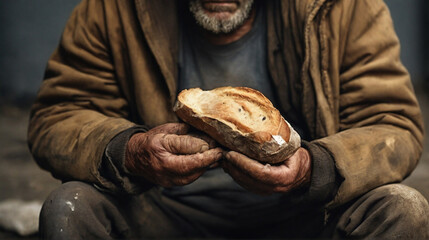 poor man homeless with dirty hands eating piece of bread in modern capitalism society - obrazy, fototapety, plakaty