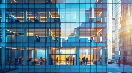 Afternoon city office reflection: clear glass skyscrapers