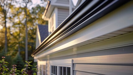 Fototapeta premium Black gutter system against light-colored siding on a home