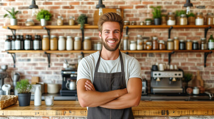 Cheerful young man with a beard wearing an apron in a modern coffee shop - Powered by Adobe