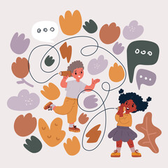 Vector illustration of A little girl and boy playing with a handmade toy phone with a paper cup and thread. Communication technology, information transfer concept.