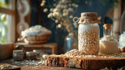 Jar of oats with milk jug on a wooden board in daylight
