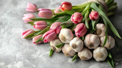   A group of pink and white tulips on a gray background with green stems