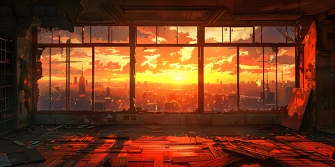 a room with a large window and a city in the background