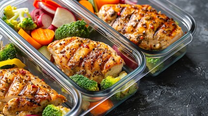Keto-friendly chicken meal prep with a side of veggies packed in a container for easy on-the-go meals. - obrazy, fototapety, plakaty
