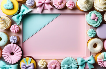 Frame of cookies and sweets cakes with space for copy space mockup text. Sweets Day