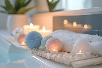 Assortment of luxurious bath bombs and salts on towel next to candlelit bathtub