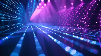 Laser beams in blue and violet colors illuminate a dark backdrop.