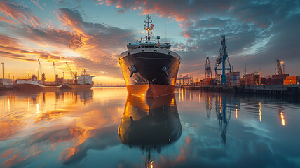 Tranquil waters reflect a cargo vessel and bustling port in the late afternoon - obrazy, fototapety, plakaty