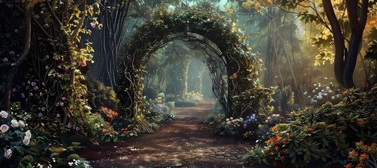 a path in a forest with a archway