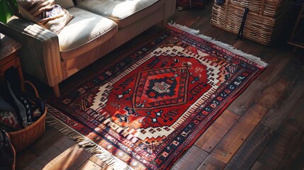 Intricate Arabian Sadu rug with vintage-style motifs and a captivating red hue, perfect for adding a touch of tradition to your home decor. - obrazy, fototapety, plakaty