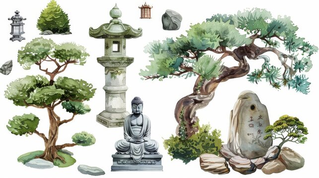Set of watercolor nature clip art showing bonsai trees, buddha statues, stone lanterns and rocks. Isolated on white.