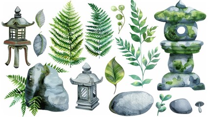 Various watercolor nature design elements. Green trees, fern leaves, stone lanterns and rocks. Isolated on white background. - obrazy, fototapety, plakaty