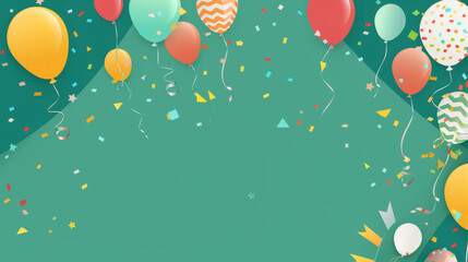 Airy and vibrant, this background features multicolored balloons intermingled with confetti on a soothing green backdrop