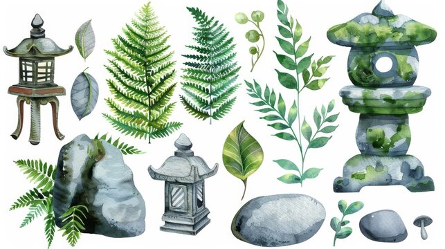 Various watercolor nature design elements. Green trees, fern leaves, stone lanterns and rocks. Isolated on white background.