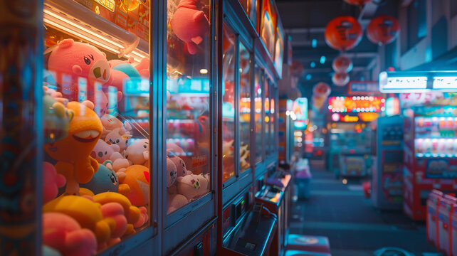 Claw game machine waits eagerly for players in a brightly lit amusement arcade