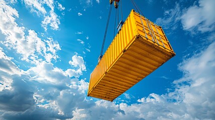 Bright yellow freight box suspended in the air, ready for transport under blue skies