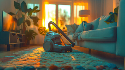 House cleaning with a vacuum in action near a cozy sofa - obrazy, fototapety, plakaty