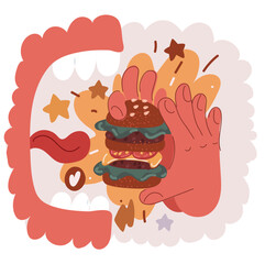 Cartoon vector illustration of Hand holding a burger. Eating and healthy concept, restaurant food concept.