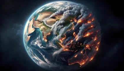 Fotobehang Earth extensive areas of land ablaze and the massive plumes of smoke concept of effects of climate change depicted through a large wildfire  © NanzXy