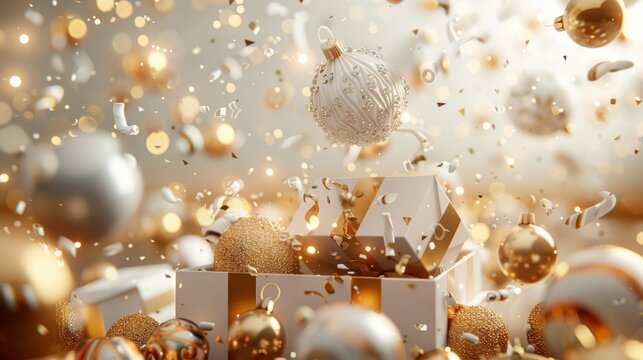 Holiday background with white and gold Christmas ornaments, candies and sweets falling from open gift boxes.