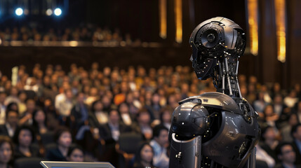 An advanced robot delivering a speech to an engaged audience at a conference - symbol for artificial intelligence