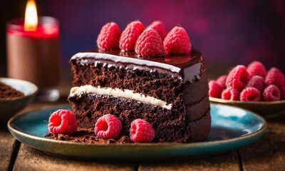 Sumptuous Raspberry Chocolate Cake Elegance on White Plate