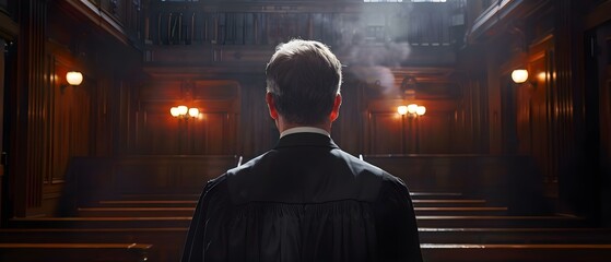Judge Ponders Verdict in Solemn Courtroom. Concept Court Decision, Verdict Deliberation, Legal Proceedings, Judicial Systems, Courtroom Dramas - obrazy, fototapety, plakaty