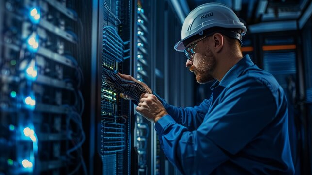computer engineer working in server room,