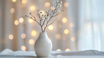Minimalist White Background with Soft Yellow Bokeh Circles and Porcelain Vase.