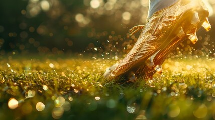 Close-up of golden soccer cleats kicking a ball on lush green grass