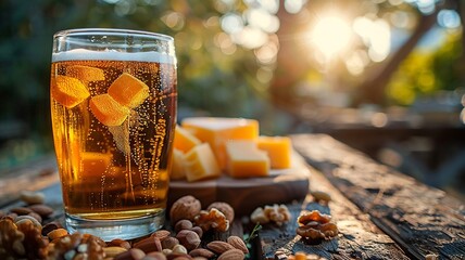 Cold ale in a clear glass, nuts and cheese cubes await kickoff on a sunny day