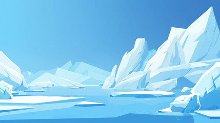 A serene digital art of polygonal icebergs and ice sheets set against a calm blue ocean conveying a tranquil, cold setting