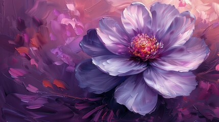 Oil painting of a beautiful purple flower with white petals