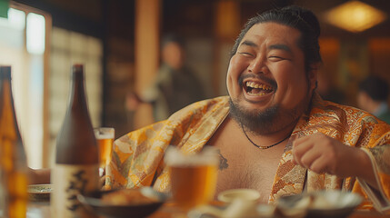 Sumo Wrestlers Celebration: In the aftermath of a thrilling tournament, sumo wrestlers gather to celebrate their victories and honor the bonds of camaraderie that unite them. With - obrazy, fototapety, plakaty