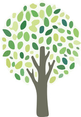 A tree with green leaves is shown in the center of the image. The tree is surrounded by a white background